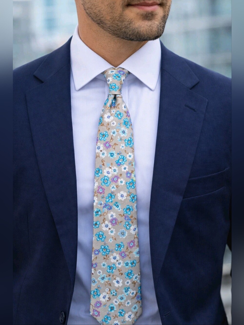 HappyTIES Men’s Floral Necktie – Beige Blue Purple Vintage‑Style Flower Pattern